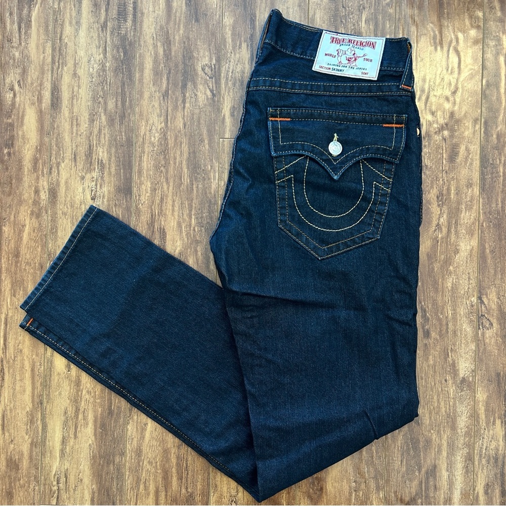 True Religion men's jeans 33x34 skinny flap pocket om dark blue denim pants gold